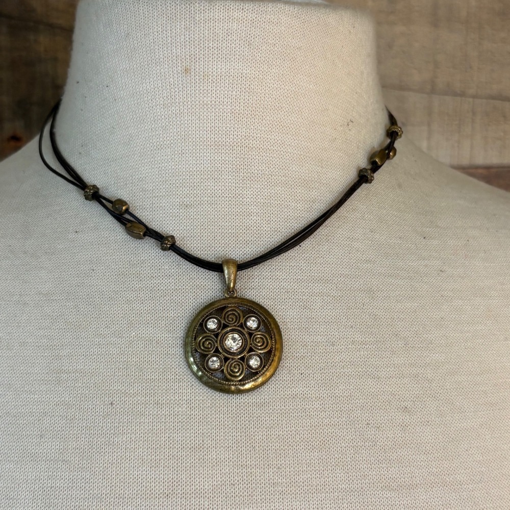 Antiqued Bronze Medallion Cord Necklace Rhinestone Filigree Boho